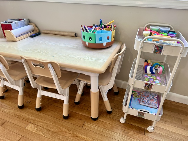 Kids craft table with art supply caddy and rolling cart