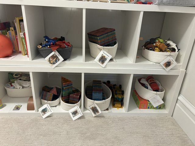 Labeled cubby shelving with sorted toy bins